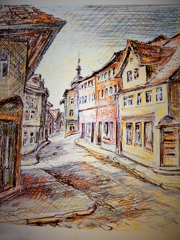 zeichnerische Impression aus der Altstad Rudolstadts